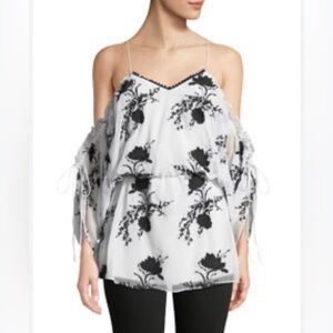 Alice + Olivia Black Floral and White Holden Cold Shoulder Drop Waist To…